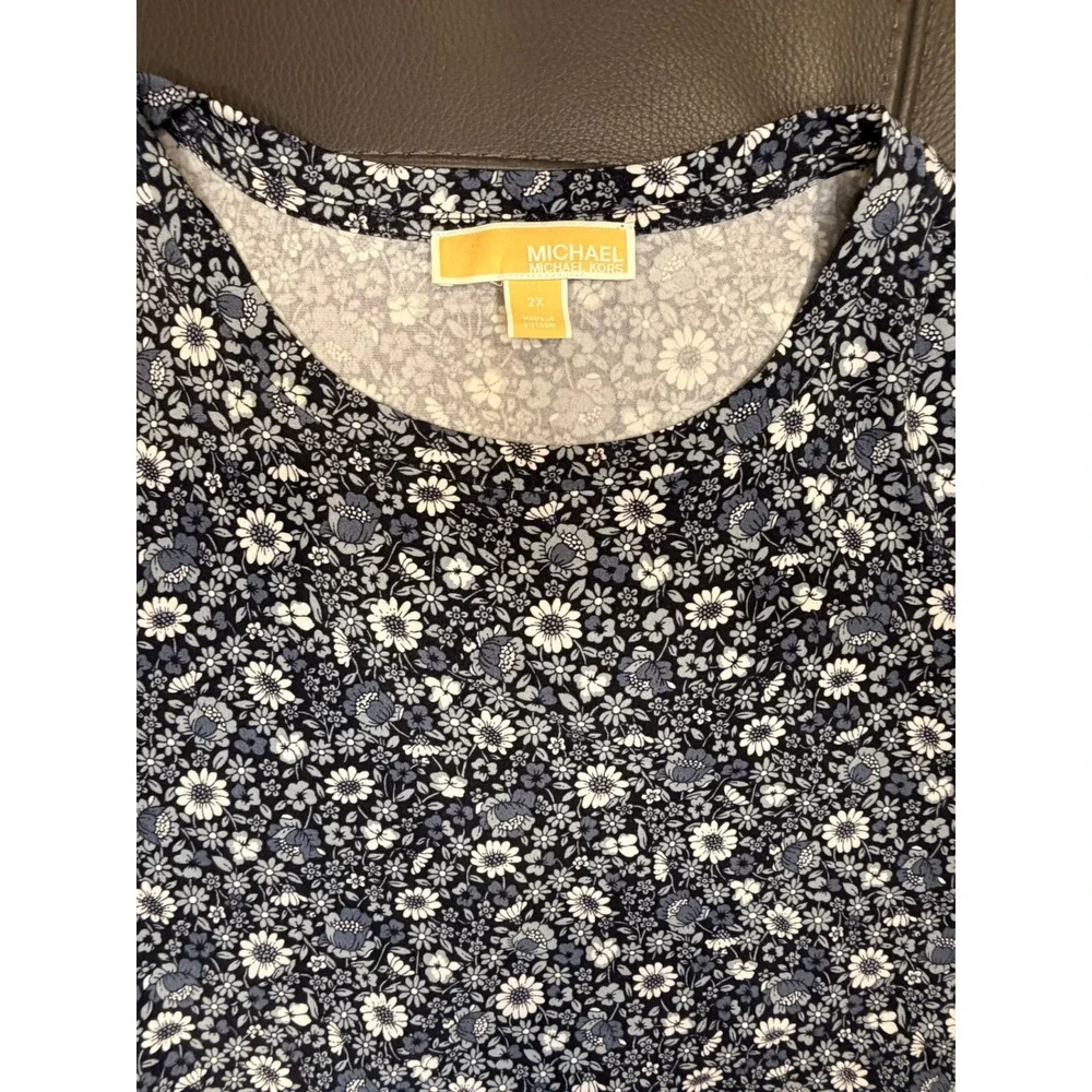 Michael Kors Floral Puff Sleeve Top Navy Blue Daisy Women 2X